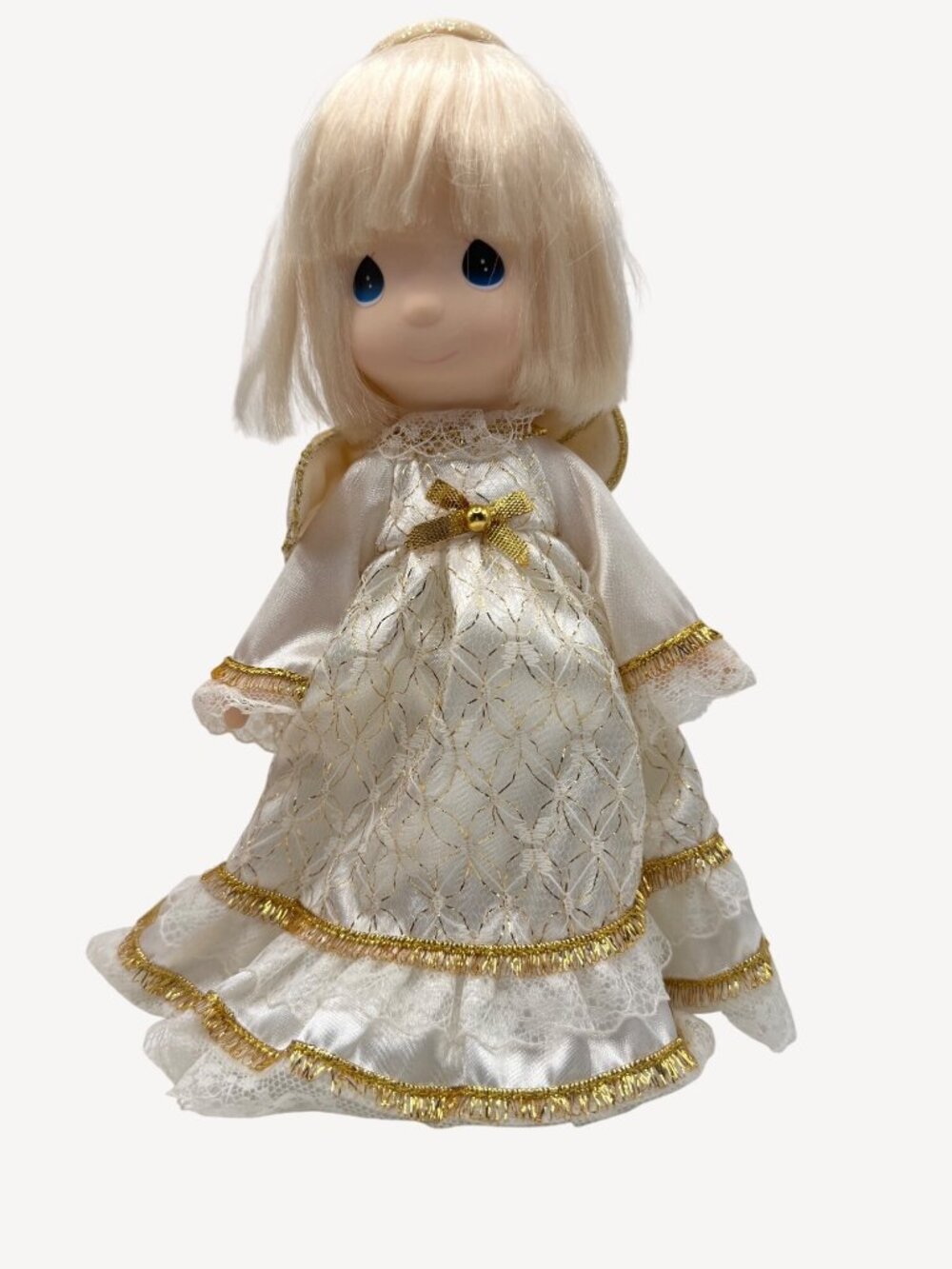 VTG Precious Moments Christmas Tree Topper Angel Doll Blonde Ivory Satin Lace